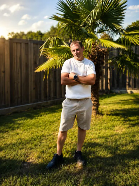 Sven steht mit verschränkten Armen im Garten