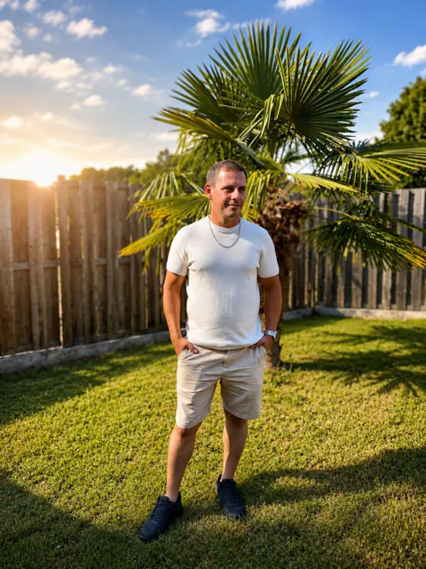 Sven steht im Garten bei Abendlicht